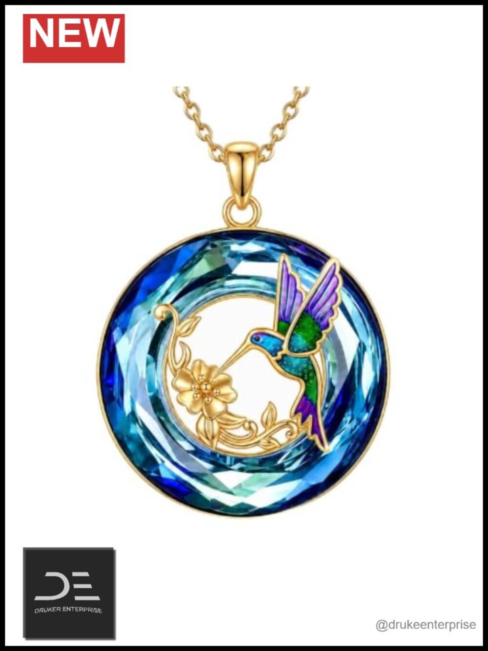14K Gold Plated Hummingbird Crystal Pendant Necklace, Stainless Steel Chain